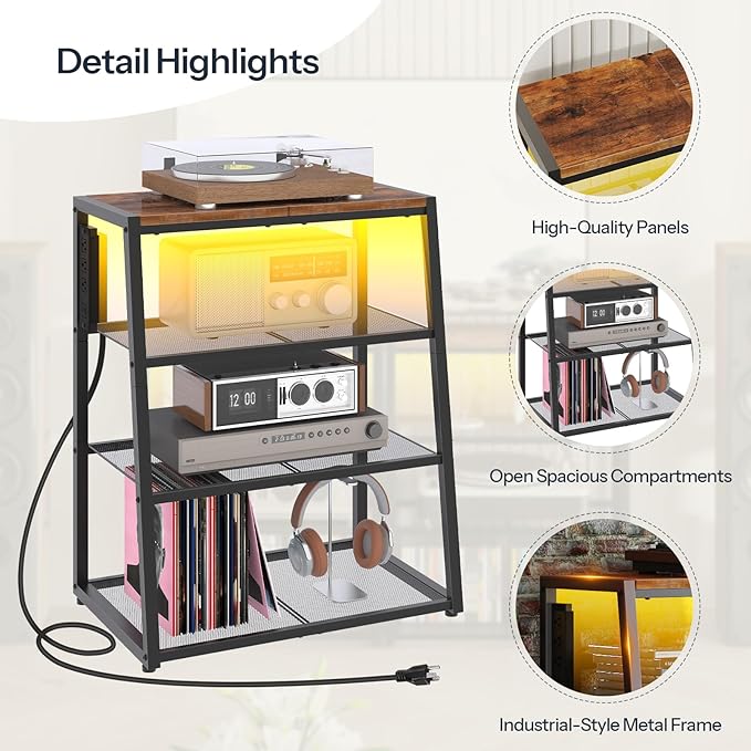 HOOBRO 4-Tier AV Media Stand with Charging Station and LED Light, Wooden Stereo Cabinet, Corner TV Stand, Rack Audio Tower, Corner Entertainment Center, Rustic Brown and Black BF107UDCJ01