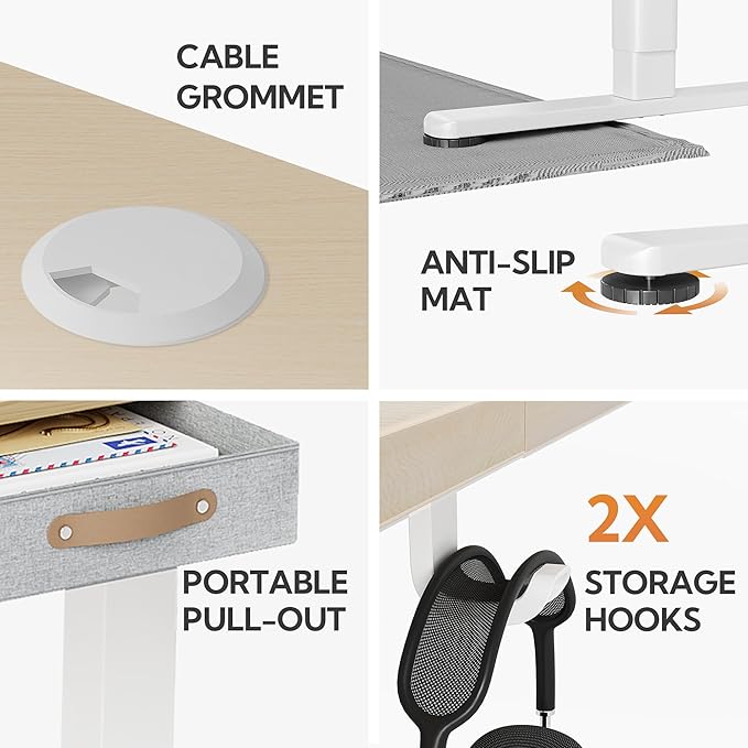 Seang Standing Desk with Drawer, 48" x 24" Height Adjustable Stand Up Desk, 3 Memory Height Settings with Cable Grommets & Storage Hooks, Ideal for Home & Office, Nature