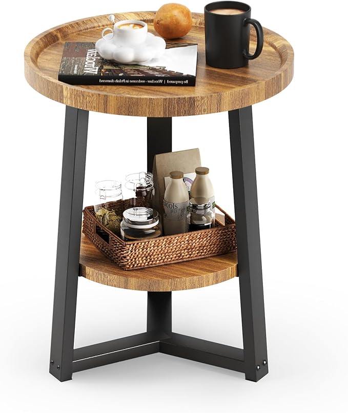 PPAMAPIC Round End Table, 2 Tier Side Table with Storage Shelf, Nightstand Accent Table for Living Room Bedroom Small Space, Black Metal Frame, 15.7" D x 19.7" H, Rustic Brown