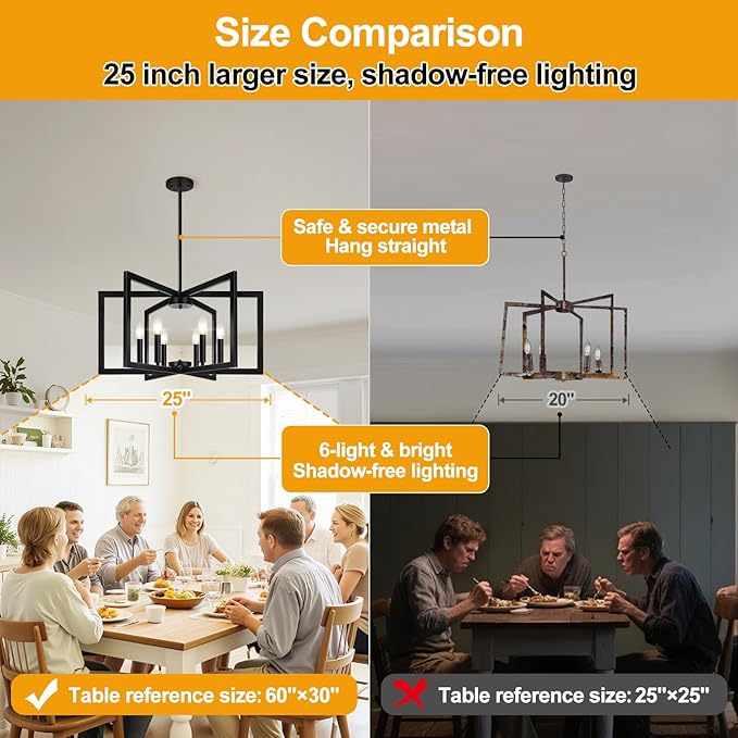 25" Modern Black Chandelier for Dining Room (6-Light, 25-Inch), Geometric Black Dining Room Light Fixture Over Table, Industrial Metal Hanging Pendant Lights for Kitchen Island, Entryway, Foyer