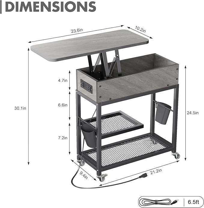 Colima Lift Top End Table with Charging Station and Wheels, Sofa Side Table with USB Port & AC Outlets, Movable Bedside Nightstand with Side Bag for Office Living Room Bedroom(Gray)