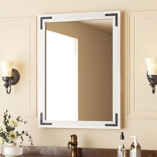 VocalStar White Wood Framed Mirror 24 x 36 Inch, Rustic Natural White Wooden Rectangle Bathroom Vanity Wall Mirror for Farmhouse Boho Decor, 1/4-inch Shatterproof Glass | Waterproof
