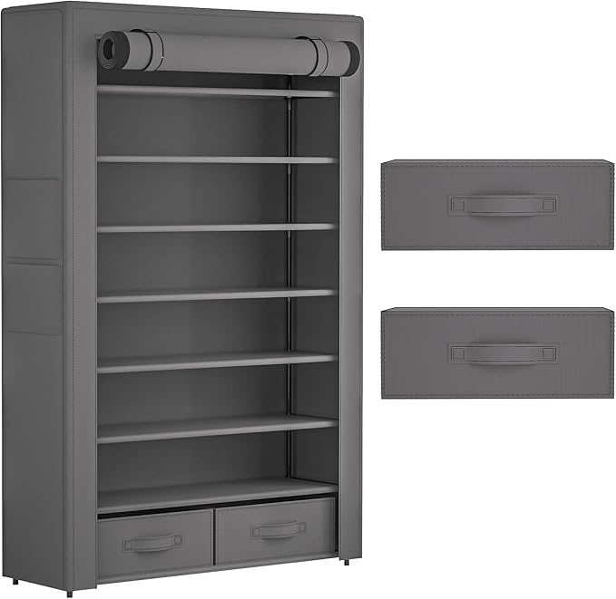 Shoe Rack Storage Cabinet 32 Pairs Organizer Shelf Tall for Shoes Large Free Standing Racks Vertical Shoe Holder Stand with Cover Two Boxes Closet