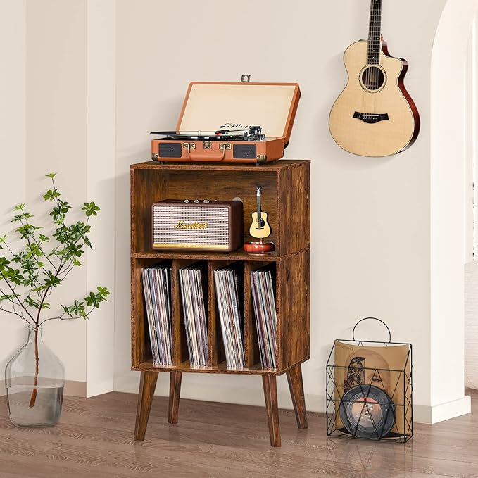 Lerliuo Record Player Stand, Brown Turntable Stand Holds up to 160 Albums, Mid-Century Vinyl Storage Cabinet Table with Solid Wood Legs, Record Player Holder Dispaly Shelf for Bedroom Living Room
