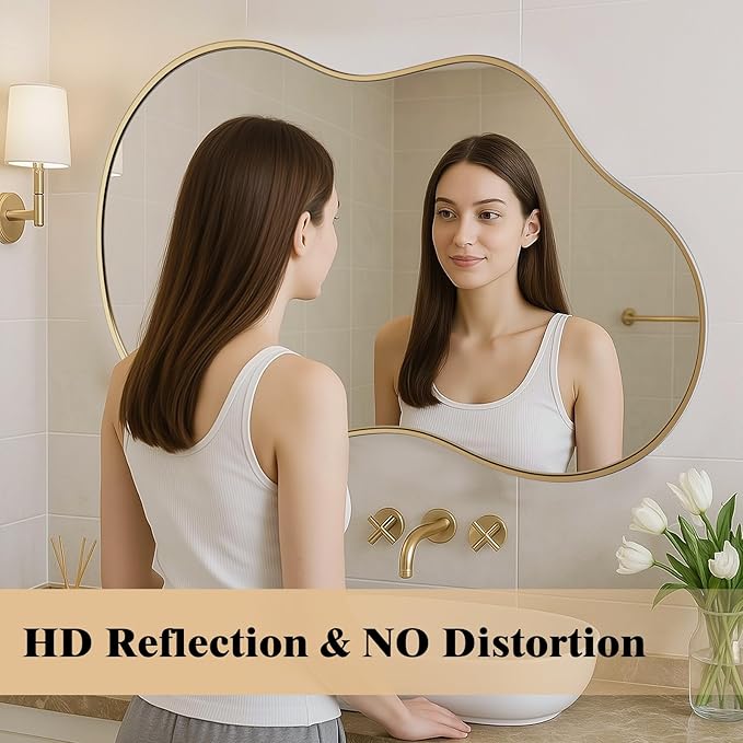 WEER Irregular Wall Mirror, 20x36 inch Gold Asymmetrical Mirror Wall Mounted Mirrors Decorative, Abstract Wavy Aluminum Alloy Frame Mirror for Bathroom, Bedroom, Living Room, Entryway