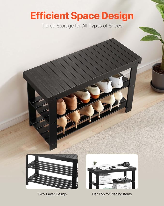 VEVOR Shoe Rack Bench, 3-Tier Bamboo Entryway Bench, Shoe Storage Organizer Holds Up to 286 lbs, 27.6 x 11.3 x 17.8 Inches, for Front Door, Hallway, Living Room, Bedroom, Black
