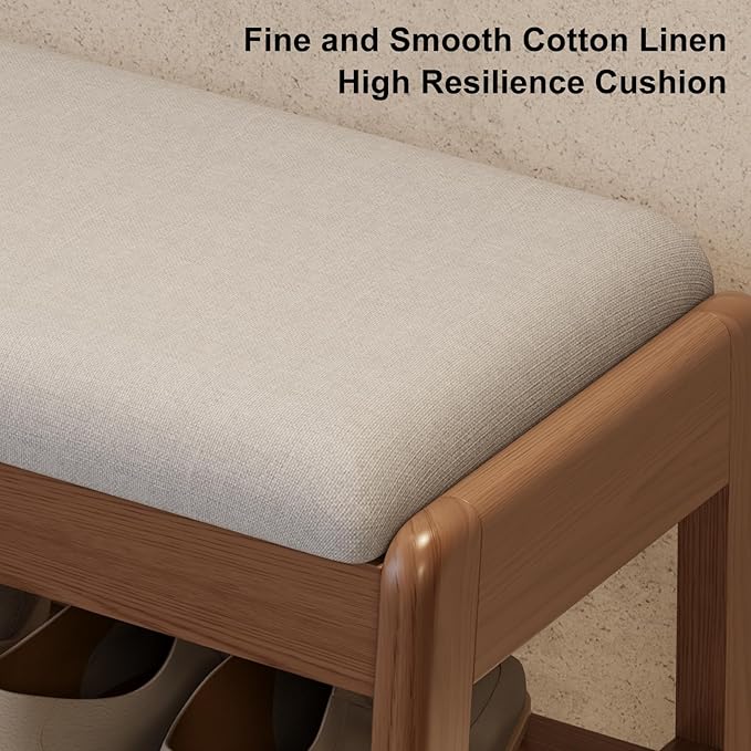 Small Shoe Bench with Cushion,2 Tiers Shoe Rack Bench with Flip-Top Storage,Wood Shoe Rack for Entryway（Walnut,23.62"）