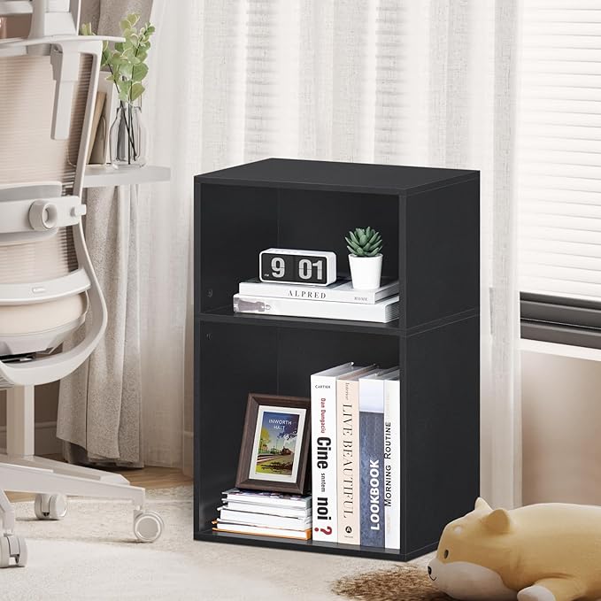 YAHARBO 2 Cube Bookshelf, Black Record Player Stand with Vinyl Storage Up to 100 Albums, Horizontal Book Shelf, Small Cubby Bookcase with Storage Organizer, Turntable Stand for Living Room, Bedroom