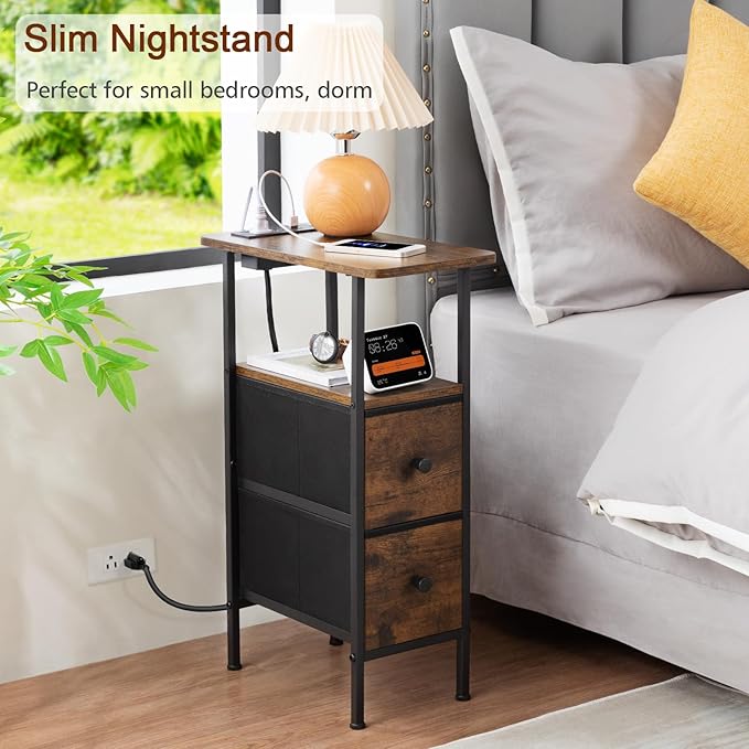 Narrow End Table Living Room with Charging Station, Skinny Side Table with Fabric Drawers, Slim Nightstand for Bedroom, Small Spaces, Couch, Brown, HETNDP02BR-1