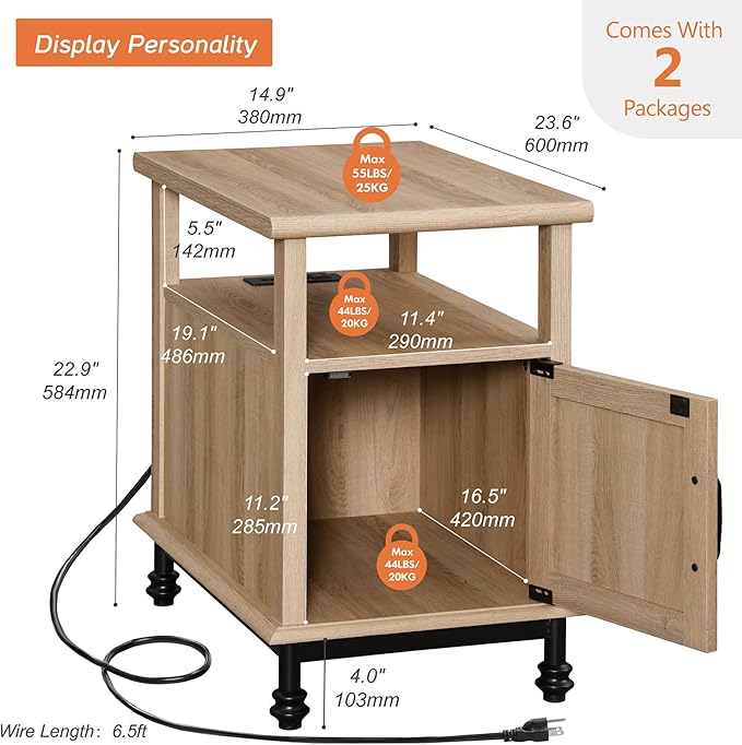 WAMPAT Set of 2 End Tables with Charging Station, Sofa Side Tables with Storage Cabinet for Living Room, Light Wood Bedside Table with Metal Leg, Nightstand for Bedroom, Oak