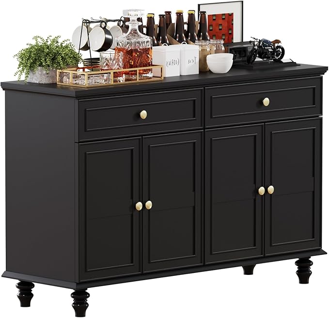 47.6" Buffet Sideboard with 2 Drawers and 4 Doors, Wooden Kitchen Storage Cabinet with Adjustable Shelves, Rustic Top Console Table for Dining Room, Kitchen, or Entryway,Black