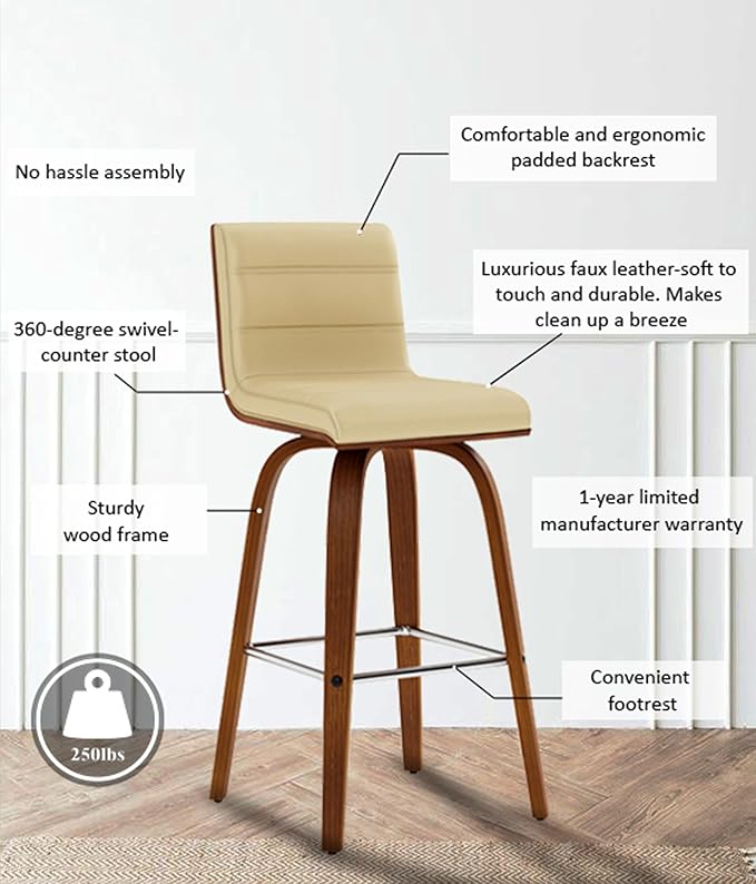 Armen Living Vienna Modern Swivel 26" Counter Height Barstool with Cream Faux Leather and Walnut Wood Finish