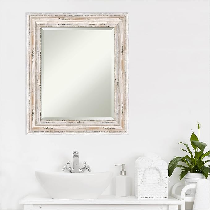 Amanti Art White Bathroom Mirror for Over Sink, 25x21 Alexandria White Wash Rectangle Vanity Mirror, Small Coastal Wood Frame, Hangs Horizonally and Vertically, Bathroom Wall Decor, Beveled Edge