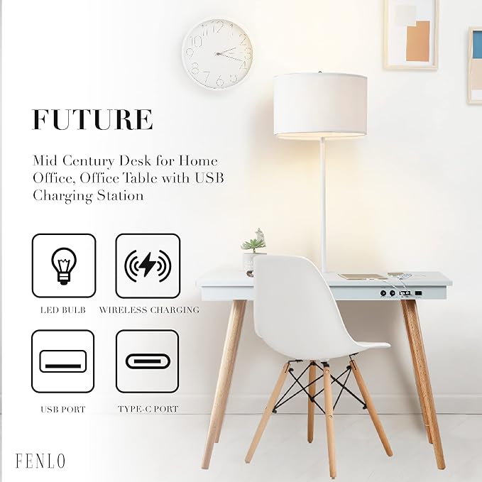 FENLO Future 39" Mid Century Modern Desk for Home Office, Office Desk with USB Charging Station, Wireless Charging, USB, USB-C Ports, White