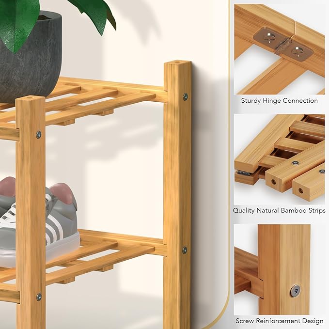 Haddockway Long 3 Tier Bamboo Shoe Rack Storage Organizer,Multifunctional Free Standing Stackable Shoe Shelf with Grid Panel for Closet,Hallway,Entryway,Small Space 34.2"x11"x20"(Natural, 3-Tier Long)