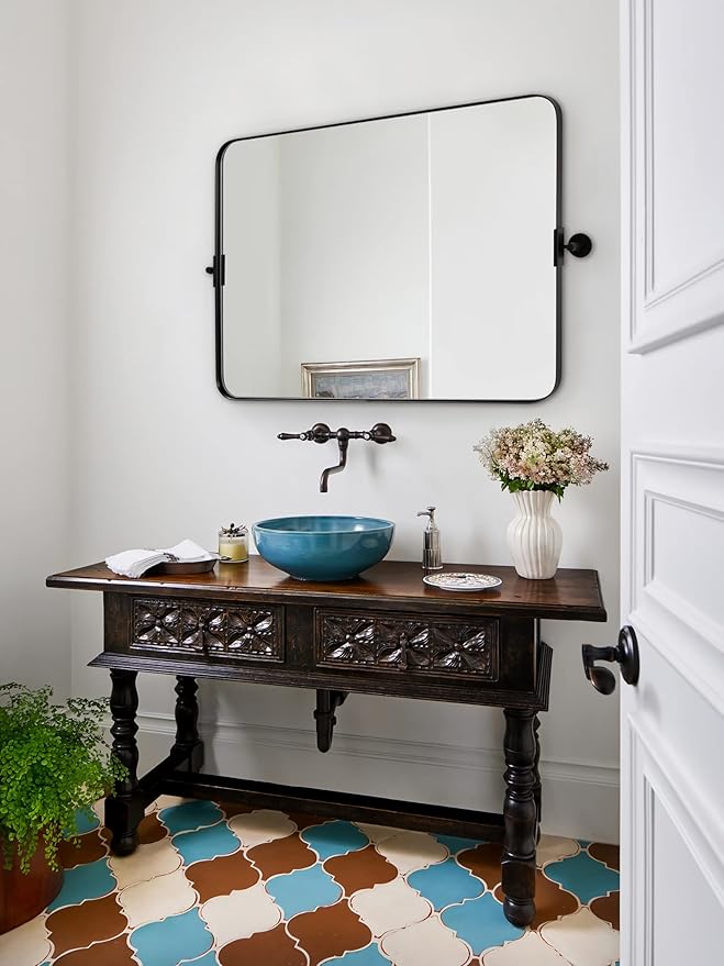 MOON MIRROR 30" x 22" Matte Black Rectangle Bathroom Mirror, Tilting Rounded Rectangular Metal Framed Pivot Wall Mirror, Hangs Horizontally Only(Overall 33.75" x 22")
