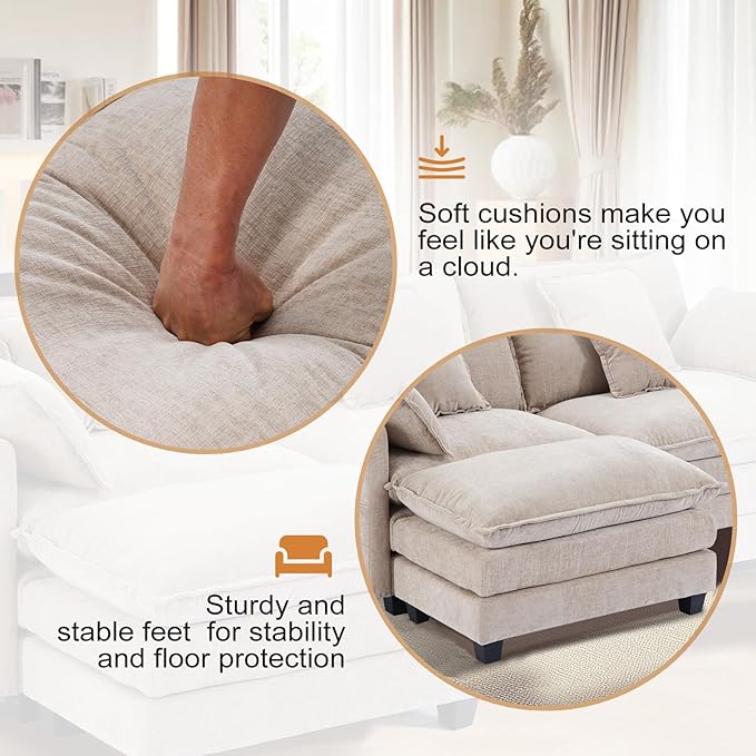 Furniliving Oversized Accent Chairs with Ottoman, Luxury Chenille Single Sofa, Upholstered Deep Seat Chaise Lounge with Pillows for Living Room, Bedroom, Apartment, Camel