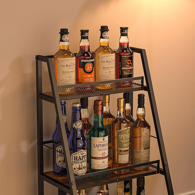 3-Tier Trapezoid Liquor Stand for Home Bar, Stepped Wine Rack Freestanding Floor for Liquor Whiskey Wine, Versatile Corner Wine Bottle Display Stand with Fences, Vintage Brown（Patent Pending）