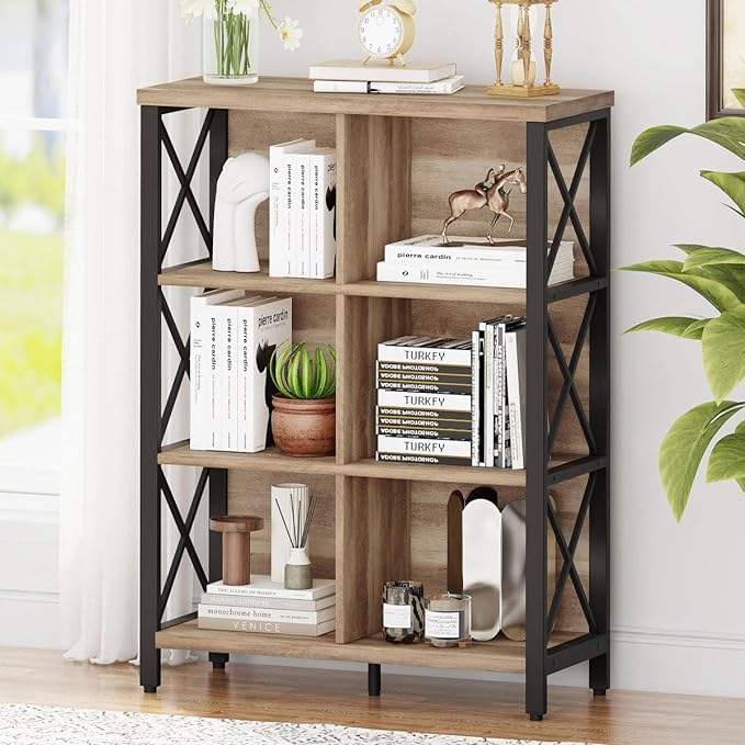 FATORRI 6 Cube Storage Organizer Shelf, Wood and Metal Cubby Bookcase, Industrial 4 Tier Cube Bookshelf (Rustic Oak)
