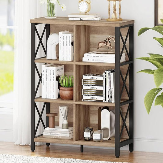 FATORRI 6 Cube Storage Organizer Shelf, Wood and Metal Cubby Bookcase, Industrial 4 Tier Cube Bookshelf (Rustic Oak)