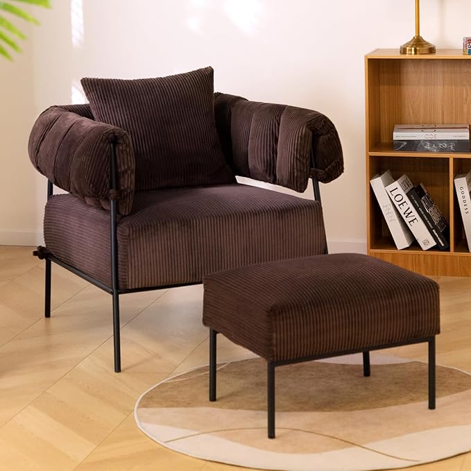 HollyHOME Modern Velvet Accent Chair with Ottoman, Upholstered Comfy Reading Chair and Footstool, Fabric Large Lazy Arm Chair and Stool, Lounge Sofa Chair for Living Room, Bedroom, Coffee Chair&Stool