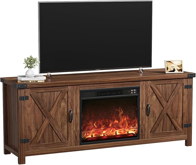 YESHOMY Fireplace TV Stand with Two Barn Doors and Storage Cabinets for Televisions up to 65+ Inch, Entertainment Center Console Table, Media Furniture for Living Room, 58 Inch, Walnut