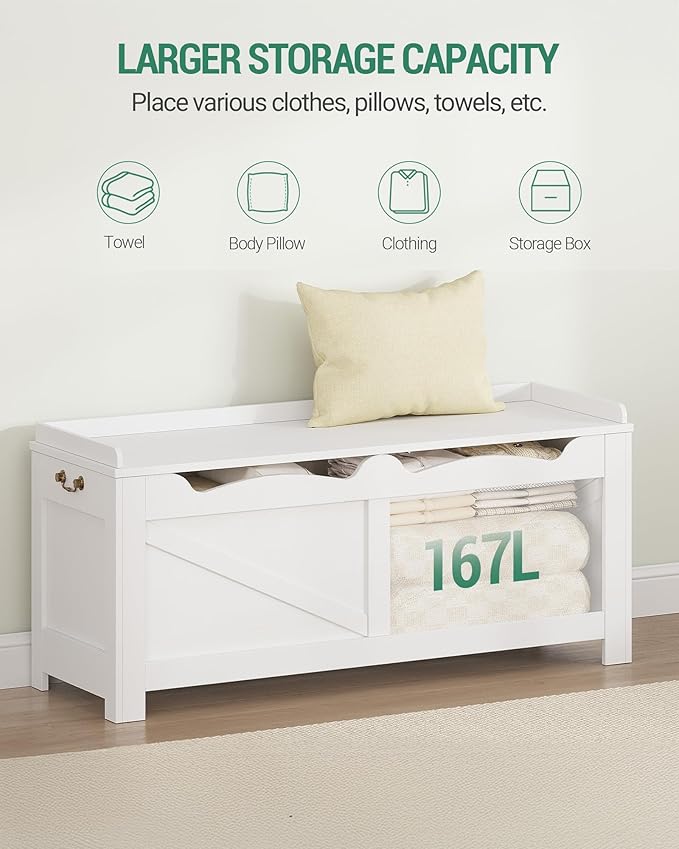 47.2" Storage Chest, Extra Large Storage Trunk with 2 Safety Hinges, Wooden Box Bench, Lift-Top Organizer Chest, Shoe Bench for Entryway, Bedroom, Living Room, White SB14503X