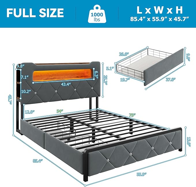 Full Upholstered LED Bed Frame with 2 Storage Drawers and 2-Tier Storage Headboard, Velvet Platform Bed with Charging Station & Bookcase, Corner Bed Frame, Heavy Duty Metal Support, Grey
