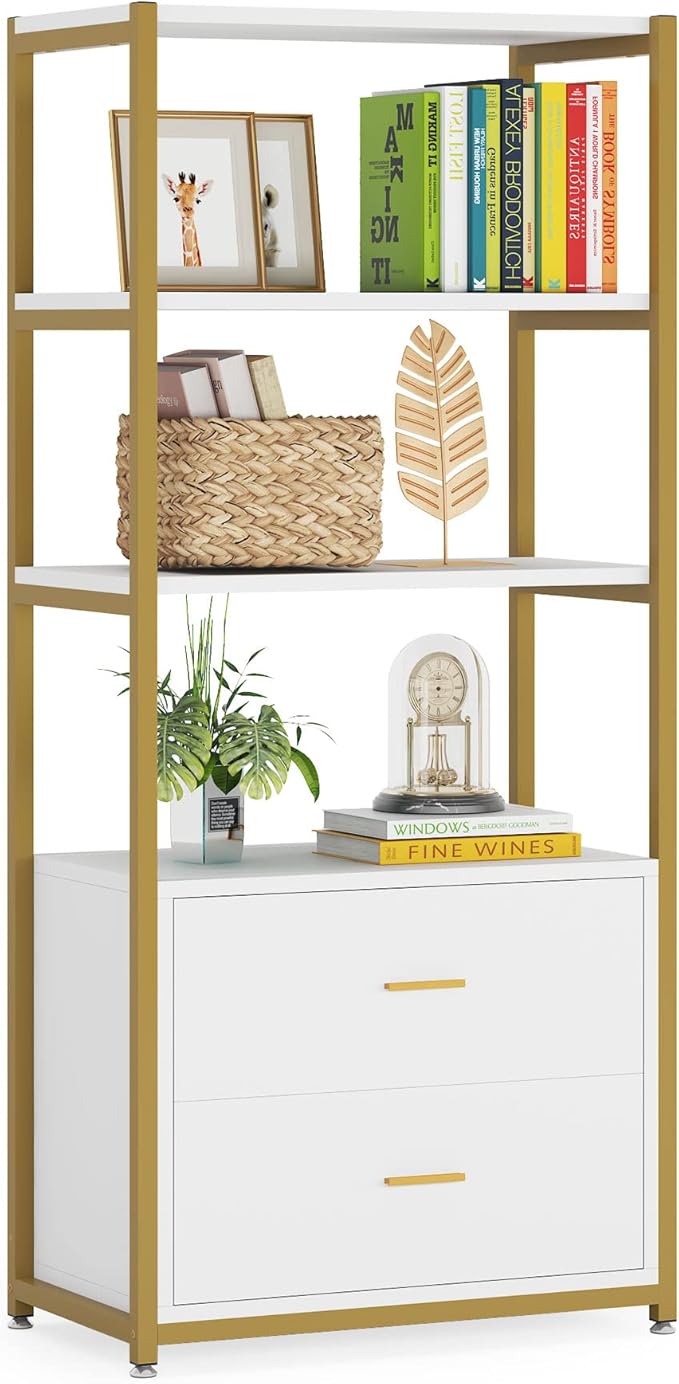 Tribesigns Bookcase, 4-Tier Bookshelf with 2 Drawers, Etagere Standard Book Shelves Display Shelf for Home Office (Gold/White)