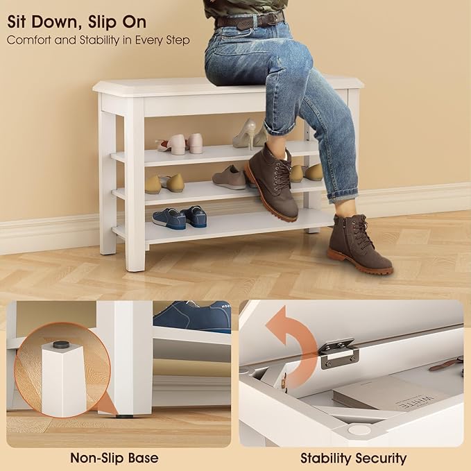 Shoe Rack Bench Seat Rubberwood 3-Tier Wooden Storage Bench 550lbs Compact Mid-Century Modern Design for Entryway, Hallway, Closet, Front Door Entrance, Foyer