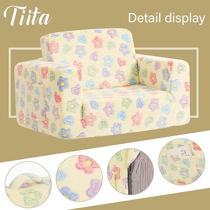 Tiita 2-in-1 Kids Sofa, Convertible Children Couch to Lounger, Flip Out Kids Chair, Toddler Armrest Chair Bed, Folding Kid Play Sofa for Girl or Boy, Flower