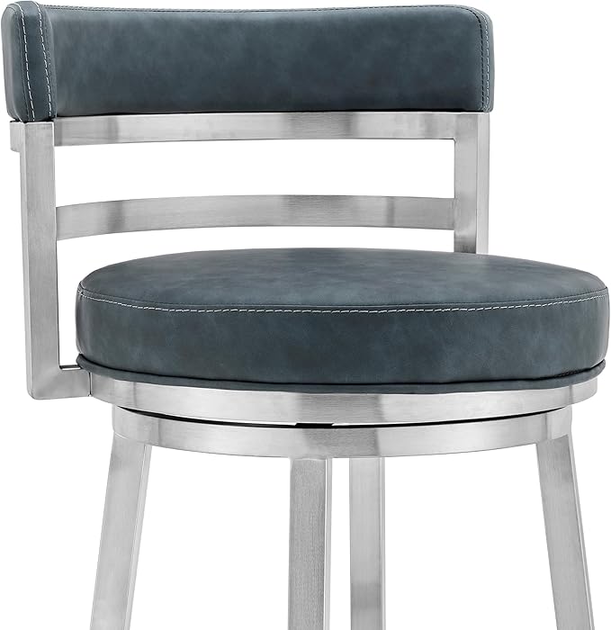 Armen Living Titana 26" Counter Height Swivel Blue Faux Leather and Brushed Stainless Steel Bar Stool