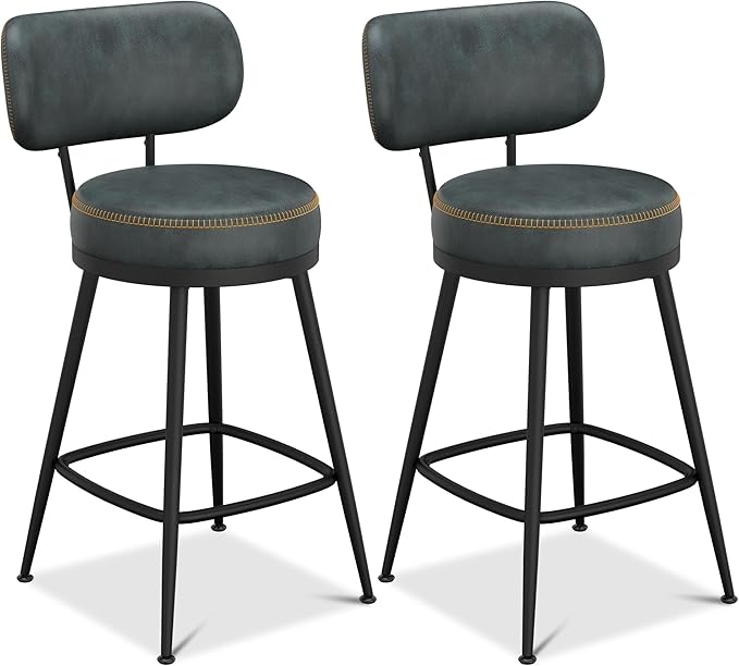 Counter Height Bar Stools, 26" H Swivel Barstools Set of 6, Faux Leather Kitchen Counter Stools with Back and Stylish Stitching, Metal Frame, Pub, Home Bar, Balck Green