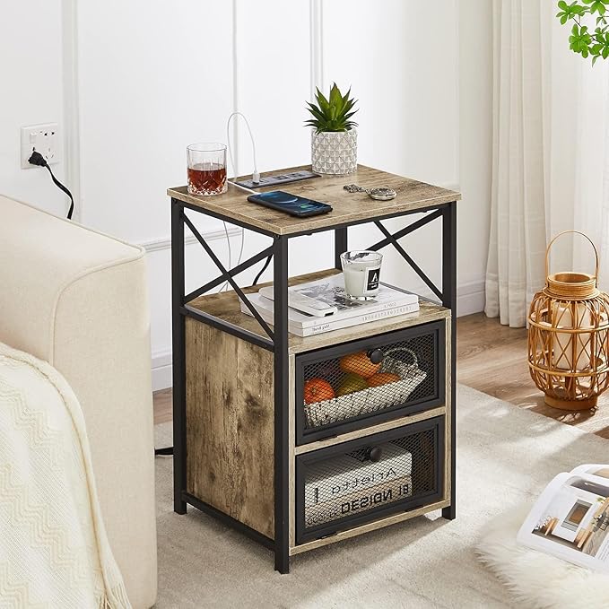 VECELO Dust Grey End Table with USB Ports and Outlets,24 Inch Nightstands with Charging Station and Storage Shelf for Bedroom,Living Room, 1 Set