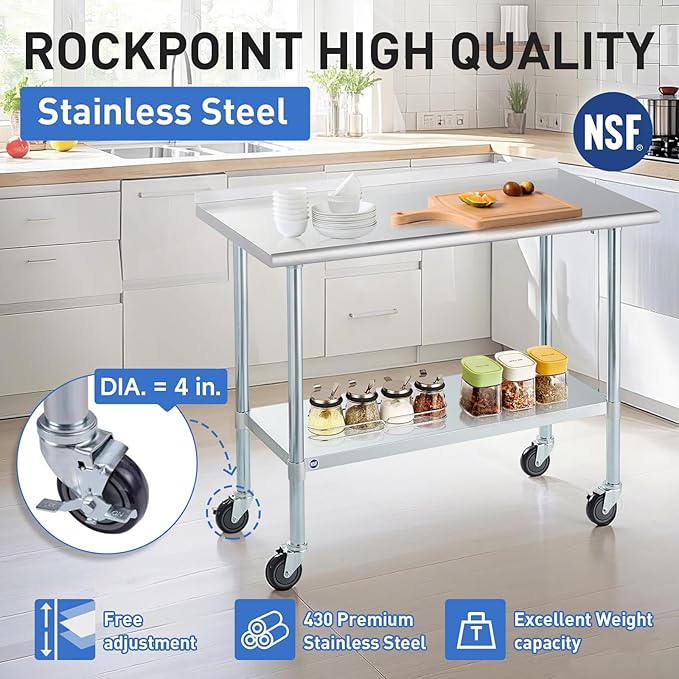 Stainless Steel Table for Prep & Work with Caster & Backsplash 24x48 Inches, NSF Metal Commercial Kitchen Heavy Duty Table with Adjustable Under Shelf and Table Foot for Restaurant, Home and Hotel