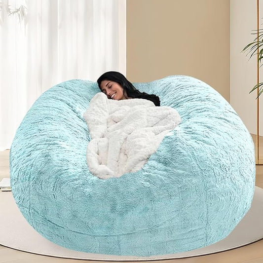 BCU 6FT Bean Bag Chair for Adults and Kids Without Filler Giant Stuffed Animal Storage Cover Soft Faux Fur Floor Chair Cover for Bedroom Living Room, Lake Blue