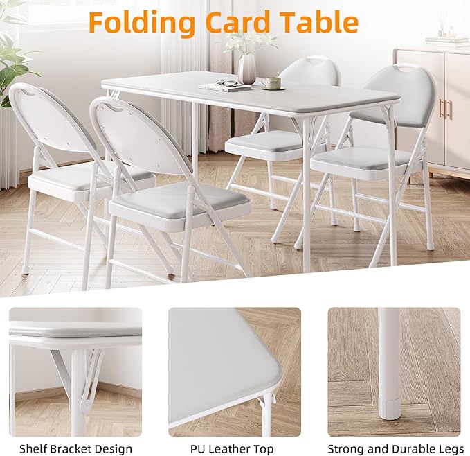 IDEALHOUSE Protable Folding Table and Chairs, 5 Piece Folding Card Table and Chairs Set, Foldable PU Upholstered Table and Chairs Set of 5, for Dining Room, Living Room, Office, Camping, Gray
