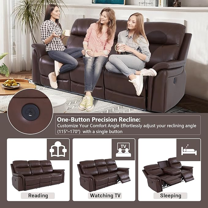 PU Leather Power Wall Hugger Chair Double Reclining Sectional Sofa 3-Seater Loveseat Couch with Reversible Coffee Table, Wireless Chargers, USB Port and Ambient LED Light for Living Room RV Theater