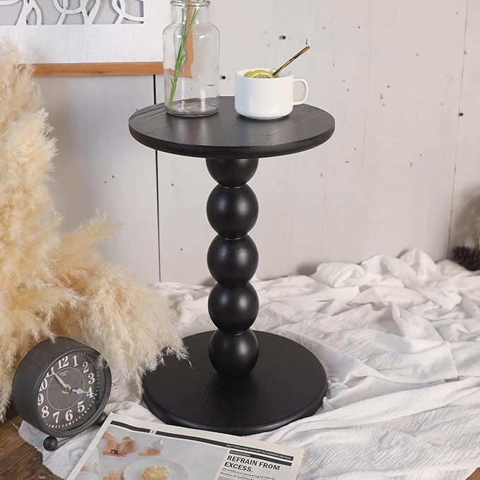 Round Wooden Side Table with Stacked Ball Pedestal Base, Accent Nightstand for Living Room, Bedroom, Corners (Black)