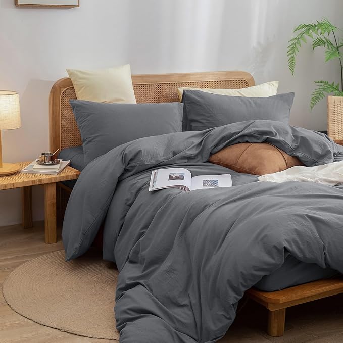 BESTOUCH Duvet Cover Set 100% Washed Cotton Linen Feel Super Soft Comfortable Chic Lightweight 3 PCs Home Bedding Set Solid Quiet Shade Grey Super King Plus