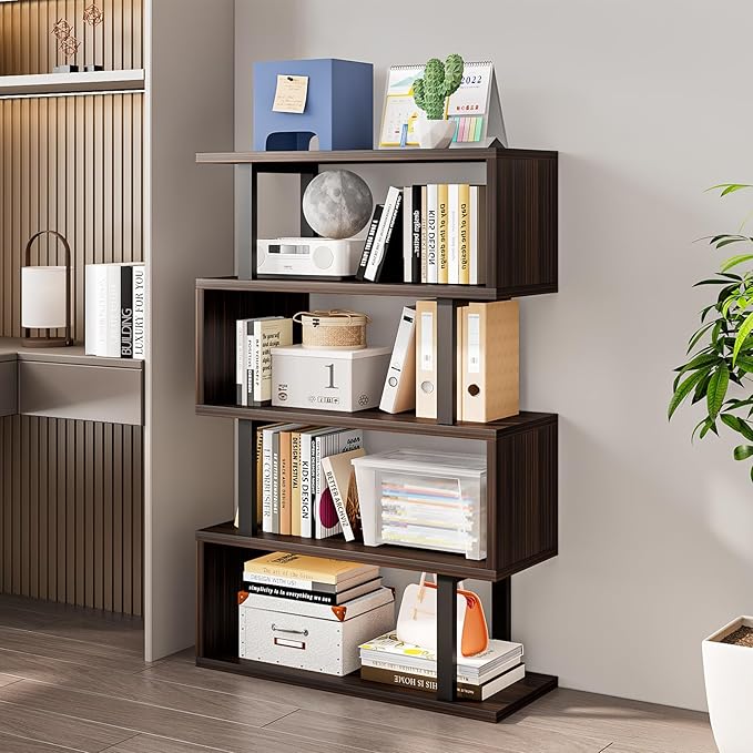 SORCEDAS Bookshelf Geometric Bookcase S Shaped Industrial Bookshelf Storage Display Stand Shelf for Living Room Bedroom and Office Room (Black, 4 Tier)