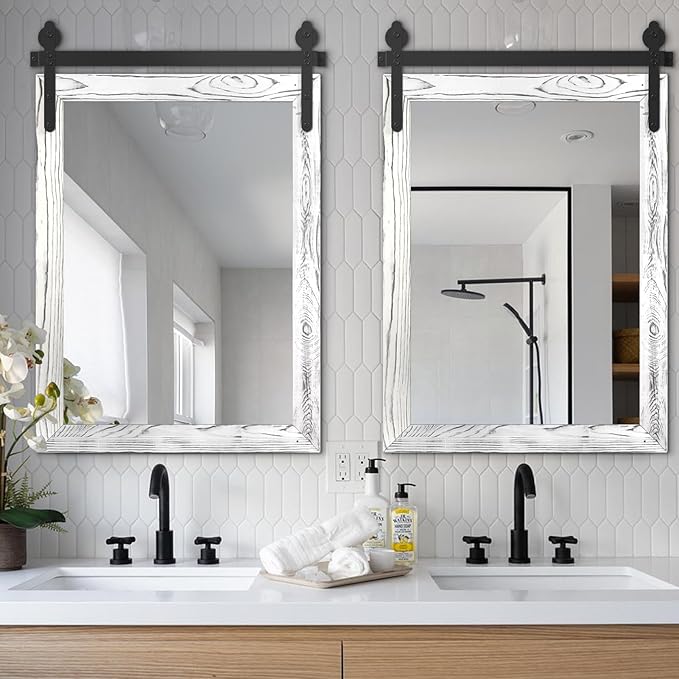 YOSHOOT Farmhouse Barn Door Mirror, 40"x30" Rustic Wood Framed Wall Mirror, Wall Mounted Vintage Mirror, Wooden Farmhouse Style for Bathroom Living Room Entryway, White, Vertical Hanging ONLY