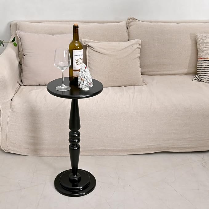 SwallowLiving Small Round Side Table, Tall Pedestal Drink End Tables Living Room, Narrow Night Stand for Small Spaces, Sofa Couch, Bedroom, Modern Wooden Beside Table Home Decor (Black, 12" x 25")