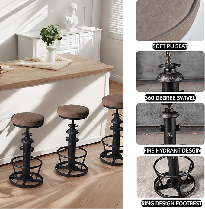 Industrial Bar Stools-Swivel Pu Seat-Vintage Kitchen Island Stool-Counter Bar Height Adjustable 25-31inch-Footrest