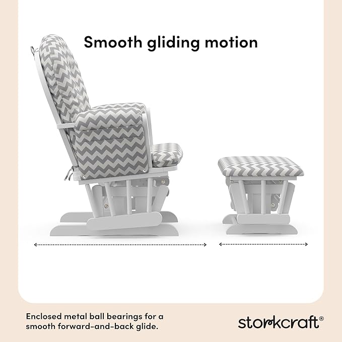 Storkcraft Premium Hoop Glider & Ottoman (White/Gray Chevron) — GREENGUARD Gold Certified Nursery Glider, Solid Wood Craftsmanship, Smooth-Gliding Nursery Chair and Ottoman, Award-Winning