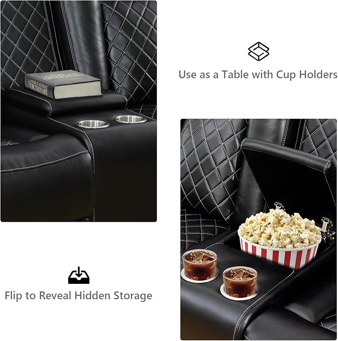 PU Leather Power Reclining Sofa Set for Home Theater, Chair, Loveseat & Couch with Wireless Charging, USB Ports, Cup Holders, LED Lights, Storage Console