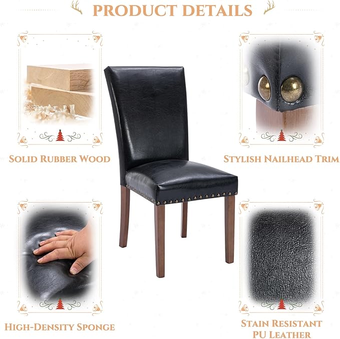 Parsons Dining Chairs Set of 2, Upholstered Nailhead PU Leather Dining Room Kitchen Side Chair with Thick Cushions and Wood Legs, Black