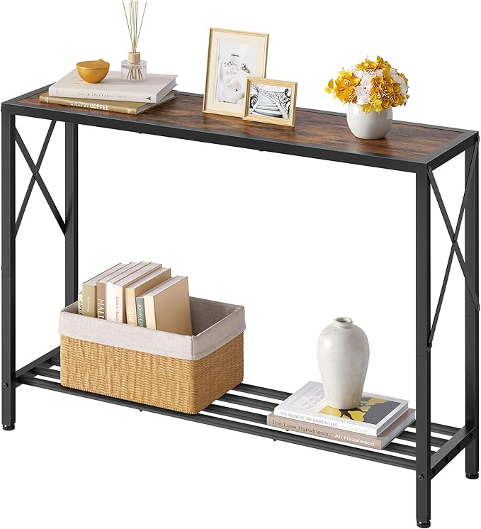 Tajsoon Console Table 41.8”, 2-Tier Industrial entryway Table, Narrow Sofa Table with Shelves, Entrance Table for Entryway, Hallway, Living Room, Foyer, Corridor, Office, Rustic Brown