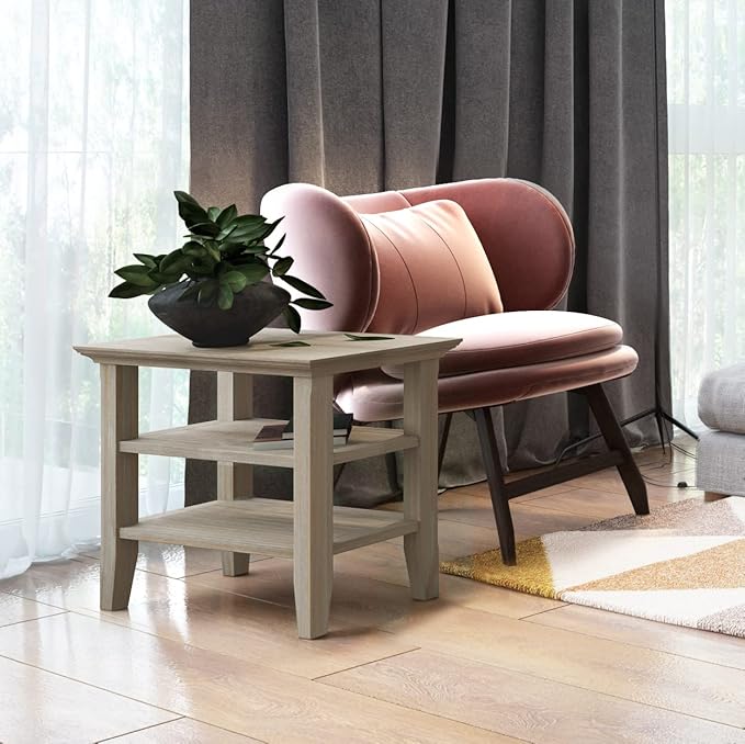 SIMPLIHOME Acadian 14-inch Wide Solid Wood Narrow End Table in Distressed Grey, Transitional-Style Side Table for Living Room, Bedroom, or Family Room with 2 Open Shelves