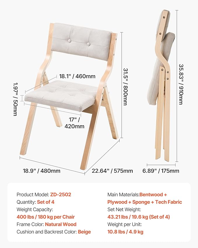 VEVOR Wooden Folding Chairs with Cushion, Set of 4, Portable Foldable Cushion Chair with Wooden Frame, Modern Padded Dining Chair for Kitchen, Office, Wedding, Party, Dining Room, Easy Assembly, Beige